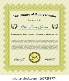 Yellow Certificate template. Elegant design. Detailed. With linear background. 