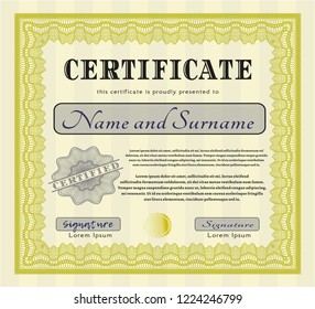 Yellow Certificate template. Excellent design. Customizable, Easy to edit and change colors. With background. 