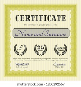 Yellow Certificate template. Good design. Customizable, Easy to edit and change colors. With great quality guilloche pattern. 