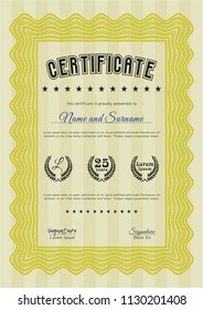 Yellow Certificate template. With great quality guilloche pattern. Money design. Customizable, Easy to edit and change colors. 