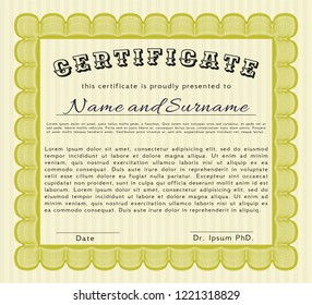 Yellow Certificate template. With great quality guilloche pattern. Money style design. Detailed. 