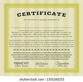 Yellow Certificate template. With great quality guilloche pattern. Superior design. Vector illustration. 