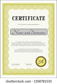 Yellow Certificate template. With great quality guilloche pattern. Vector illustration. Elegant design. 