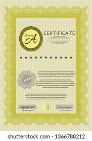 Yellow Certificate template. With great quality guilloche pattern. Detailed. Sophisticated design. 