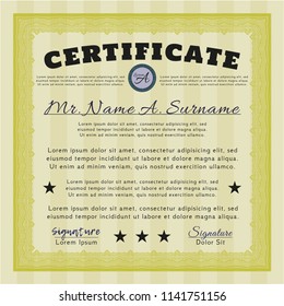 Yellow Certificate template. With guilloche pattern and background. Beauty design. Vector illustration. 