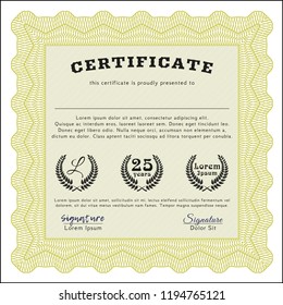 Yellow Certificate template. With guilloche pattern. Detailed. Perfect design. 