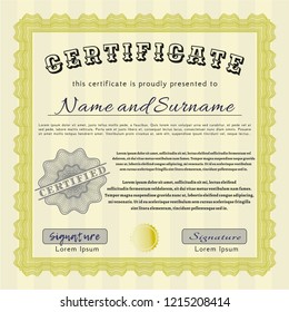 Yellow Certificate template. With guilloche pattern. Money Pattern. Customizable, Easy to edit and change colors. 