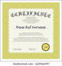 Yellow Certificate template. With guilloche pattern and background. Modern design. Vector illustration. 