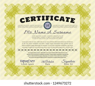 Yellow Certificate template. With guilloche pattern. Money Pattern design. Detailed. 