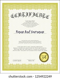 Yellow Certificate template. With guilloche pattern and background. Customizable, Easy to edit and change colors. Artistry design. 
