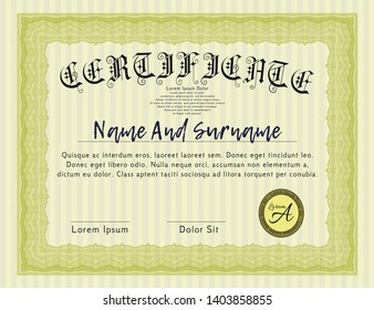 Yellow Certificate template. With guilloche pattern and background. Good design. Customizable, Easy to edit and change colors. 