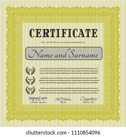 Yellow Certificate template. With linear background. Vector illustration. Beauty design. 