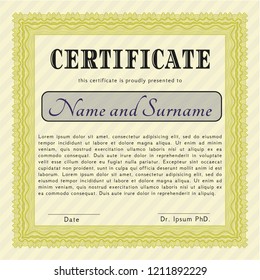 Yellow Certificate template. With linear background. Detailed. Cordial design. 