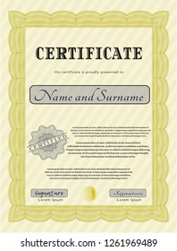 Yellow Certificate template. With linear background. Vector illustration. Beauty design. 
