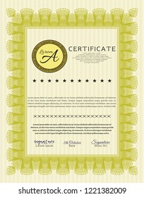 Yellow Certificate template. Money design. Detailed. With guilloche pattern. 