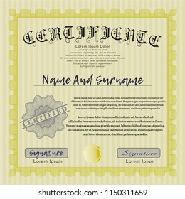 Yellow Certificate template. Money Pattern design. With great quality guilloche pattern. Vector illustration. 