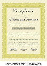 Yellow Certificate template. Money Pattern design. With complex linear background. Vector illustration. 