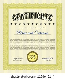 Yellow Certificate template. Money Pattern. With great quality guilloche pattern. Vector illustration. 
