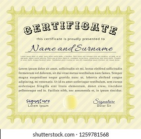 Yellow Certificate template. Money Pattern design. Easy to print. Vector illustration. 