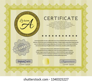 Yellow Certificate template. Money Pattern. Vector illustration. With complex linear background. 