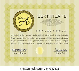 Yellow Certificate template. Money Pattern design. Detailed. With complex background. 