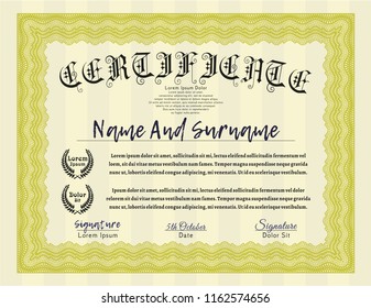 Yellow Certificate template. Nice design. With linear background. Detailed. 