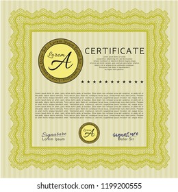 Yellow Certificate template. Nice design. With complex linear background. Detailed. 