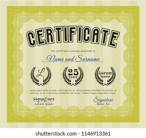 Yellow Certificate template. Perfect design. With great quality guilloche pattern. Detailed. 