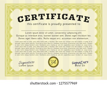 Yellow Certificate template. Printer friendly. Money style design. Detailed. 