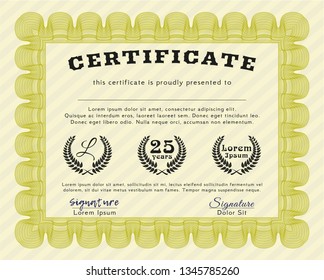 Yellow Certificate template. With quality background. Elegant design. Detailed. 