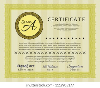 Yellow Certificate template. Retro design. Customizable, Easy to edit and change colors. With guilloche pattern and background. 
