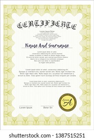 Yellow Certificate template. Retro design. With great quality guilloche pattern. Detailed. 
