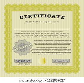 Yellow Certificate template. Superior design. With complex linear background. Detailed. 