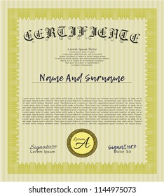 Yellow Certificate template. Superior design. With great quality guilloche pattern. Vector illustration. 