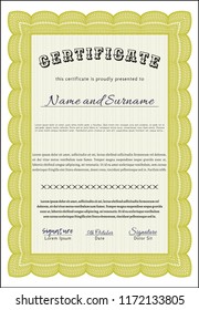 Yellow Certificate template. Superior design. Detailed. With guilloche pattern and background. 