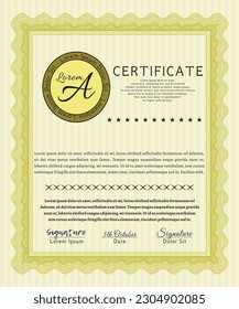 Gelbe Zertifikatsvorlage.  Überragendes Design.  Druckerfreundlich.  Vektorgrafik. 