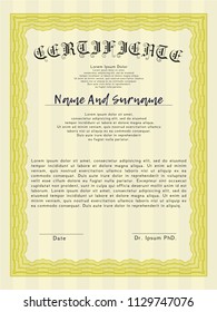 Yellow Certificate template. Vector illustration. With linear background. Money Pattern. 