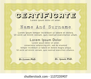 Yellow Certificate template. Vector illustration. With background. Excellent design. 