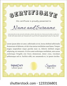 Yellow Certificate template. Vector illustration. With complex background. Sophisticated design. 