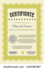 Yellow Certificate template. Vector illustration. With complex linear background. Excellent design. 