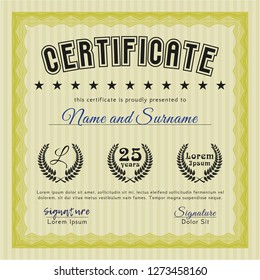 Yellow Certificate template. Vector illustration. Complex background. Money design. 
