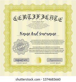 Yellow Certificate template. Vector illustration. With linear background. Good design. 