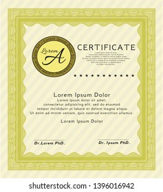 Yellow Certificate template. Vector illustration. With guilloche pattern and background. Beauty design. 