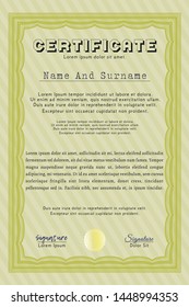 Yellow Certificate template. Vector illustration. Complex background. Money design. 