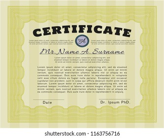 Yellow Certificate. Vector illustration. With great quality guilloche pattern. Sophisticated design. 