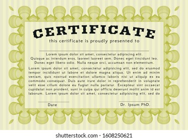 Yellow Certificate. Vector illustration. With great quality guilloche pattern. Cordial design. 
