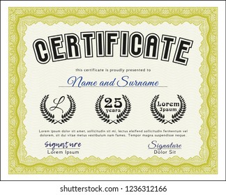 Yellow Certificate. Vector illustration. With guilloche pattern and background. Nice design. 
