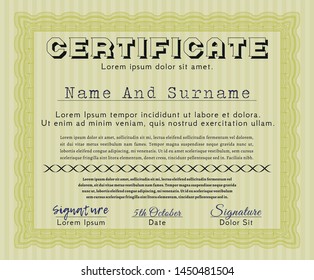 Yellow Certificate. Vector illustration. Printer friendly. Cordial design. 