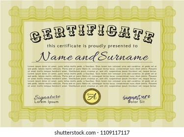 Yellow CertificatYellow Diploma. Vector illustration. With complex background. Sophisticated design. e template. With linear background. Lovely design. Vector illustration. 