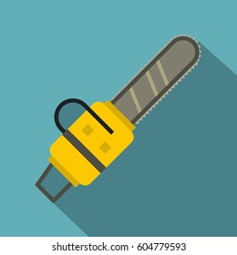 Yellow chainsaw icon. Flat illustration of yellow chainsaw vector icon for web isolated on baby blue background